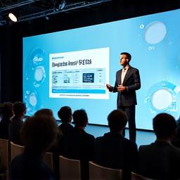 A professional speaking at a large industry conference