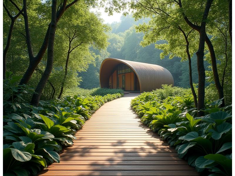 Modern infrastructure development concept for tourism, showing a well-maintained trail leading to a sustainable eco-lodge amidst natural beauty, embodying safety and accessibility.
