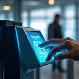 A secure biometric scanner identifying a person's face at an airport gate, indicating seamless travel.