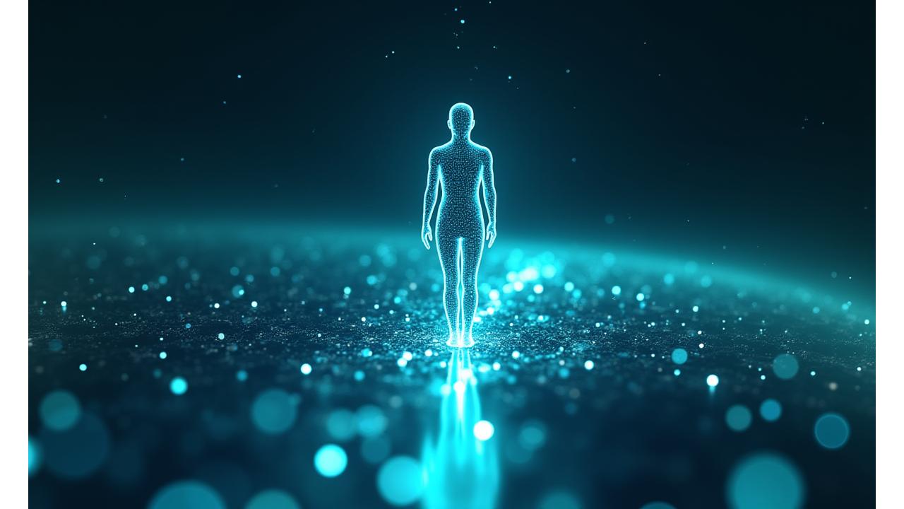 An abstract representation of AI-powered personalization, featuring a traveler's journey dynamically adapting on a futuristic interface, intertwined with data points and network lines.