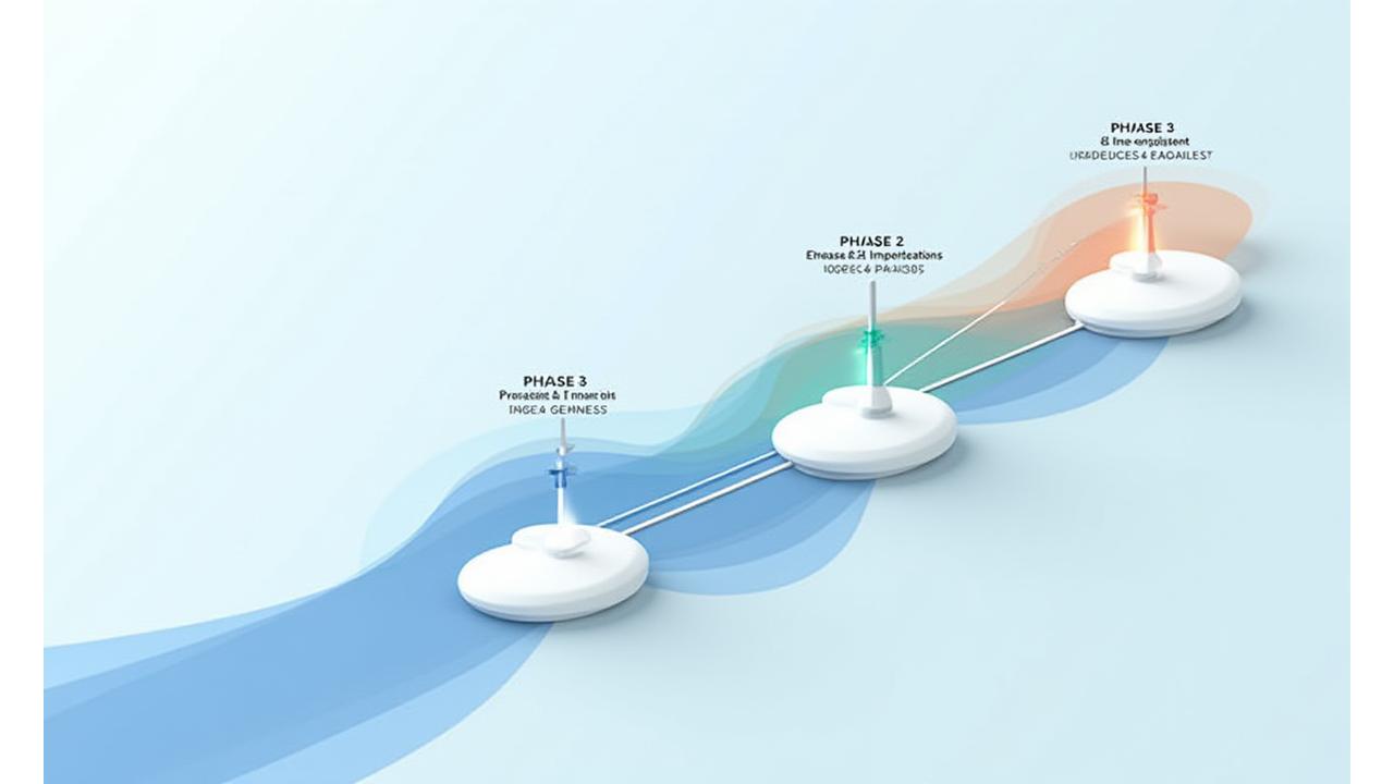 A strategic roadmap visual, showing three phases of AI implementation: Phase 1 (Data & Basic Recommendations), Phase 2 (Advanced AI Personalization & VR Integration), and Phase 3 (Predictive Analytics & Biometrics), with arrows indicating progression and growth.