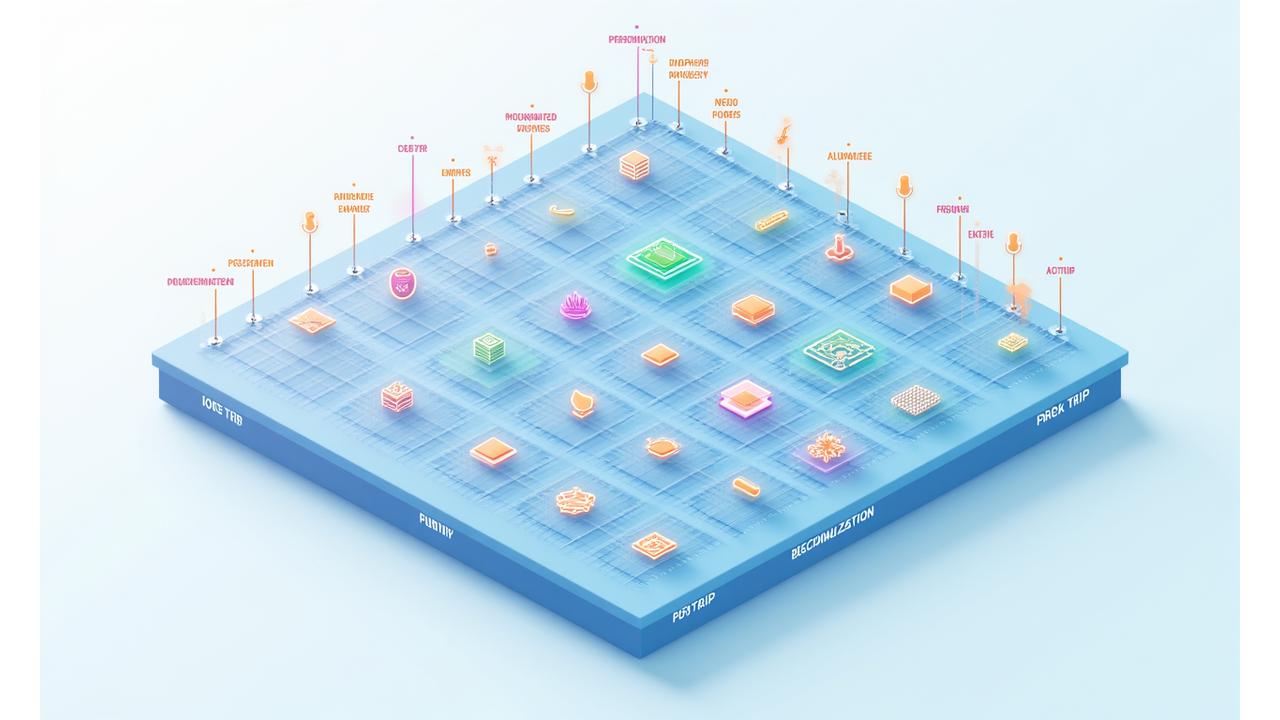 An illustrative grid-based matrix showing different stages of the travel journey (Pre-trip, During Trip, Post-trip) intersected with various personalization technologies like AI matching, VR booking, biometric check-in, and real-time recommendations, with pathways indicating optimal application.