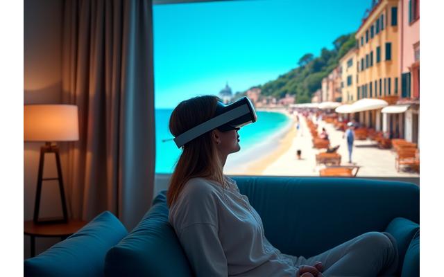 A person immersed in a vibrant VR experience, possibly exploring a travel destination, with digital elements overlaying real-world components in a seamless blend.