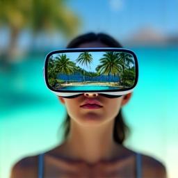 A traveler wearing a VR headset, experiencing a vibrant virtual beach scene.