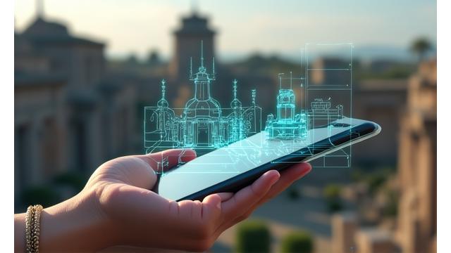 A person using an AR device at a historical site, overlaying digital information onto the real environment.