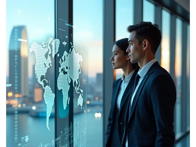 Professionals collaborating on a strategic forecast, utilizing data visualizations on transparent screens, representing expert travel industry consulting.