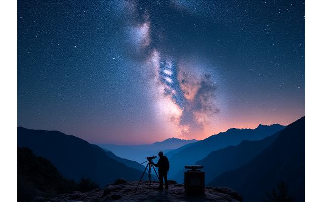 Dark night sky with vibrant Milky Way stars, a silhouetted person observing with a telescope, representing astro-tourism.