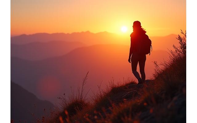 A woman confidently hiking a mountain trail at sunrise, symbolizing empowerment and safe solo female travel.