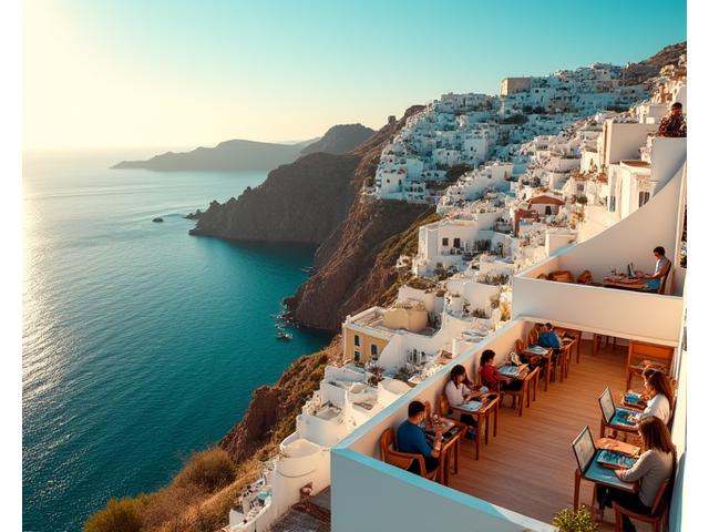 Scenic view of a coastal Portuguese village with a modern co-working space subtly integrated, showing digital nomads working and enjoying the local lifestyle.