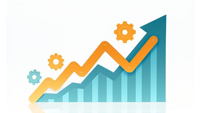Graphic representation of a trend line going upwards with gears and magnifying glass, symbolizing data analysis and future trends.