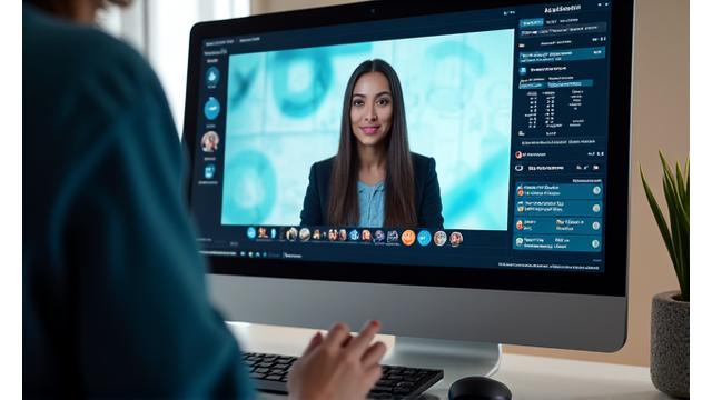 Image of a virtual webinar in progress, showing a speaker on screen surrounded by data visualizations and attendee chat.