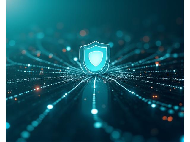 Abstract depiction of digital security with intertwined data streams and a shield icon.