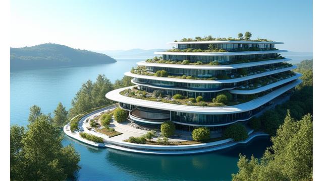 Modern, eco-friendly hotel facade with solar panels and green roofs, symbolizing carbon-negative design.