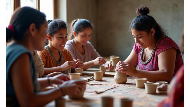 Local community members engaged in a sustainable craft workshop, symbolizing economic empowerment.