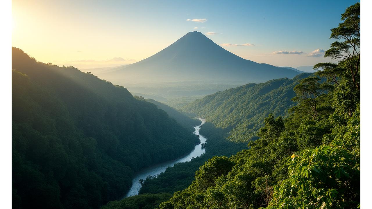 Panoramic view of lush Costa Rican rainforest and winding river, showcasing pristine nature.