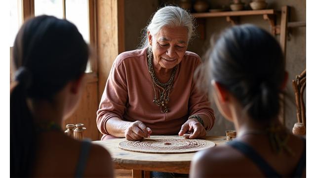 Indigenous artisan carefully crafting traditional textiles, representing cultural heritage preservation.
