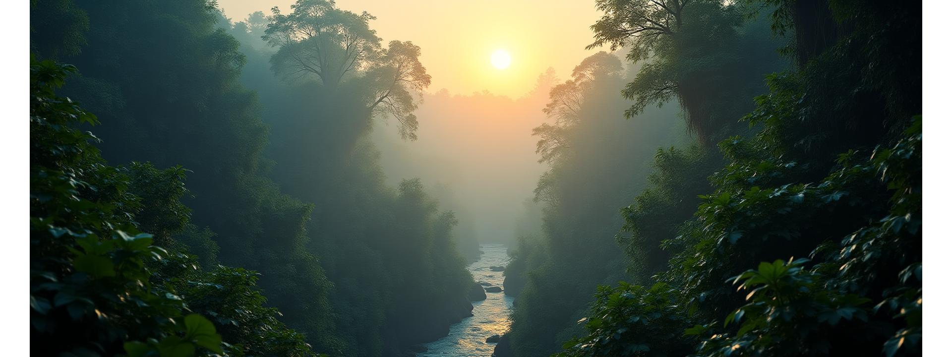 Lush, vibrant rainforest canopy with sunlight filtering through, inspiring regenerative travel