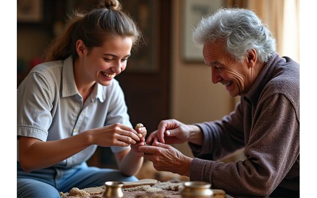 An elderly artisan from a European village teaching a young tourist how to weave traditional tapestry patterns using a large wooden loom. Their hands are close, expressing patience and shared knowledge.