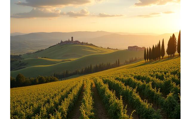 A panoramic view of rolling hills in Tuscany bathed in soft evening light, with vineyards, cypress trees, and a distant hilltop village, conveying peace and authentic beauty.
