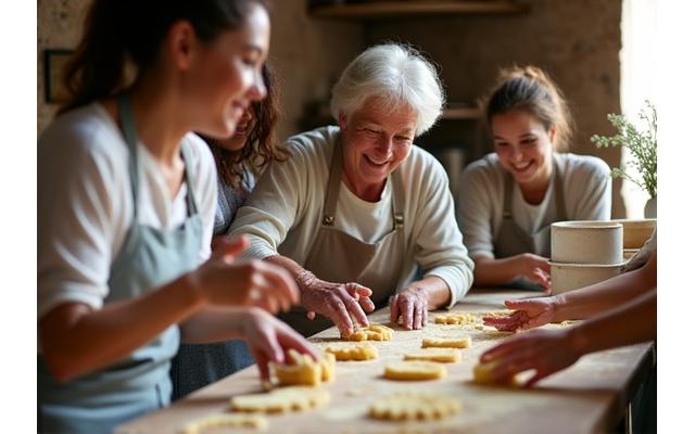 A small group of travelers enthusiastically participating in a cooking class with a local family in a rural Tuscan kitchen, preparing traditional pasta.