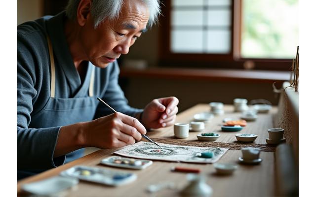 An artisan in Kyoto meticulously painting intricate designs on traditional Japanese pottery, surrounded by natural light and tools.