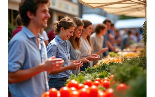 A chef guiding a small group through a vibrant local food market in Barcelona, discussing fresh ingredients and regional delicacies.