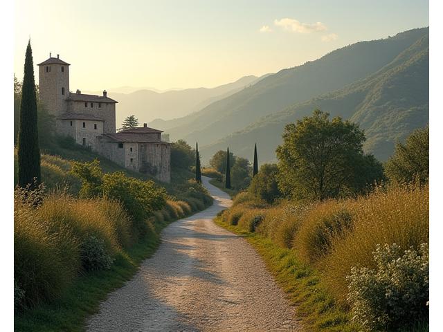 A serene countryside landscape at dawn, with a winding path leading to a traditional stone village, conveying tranquility and mindful travel.
