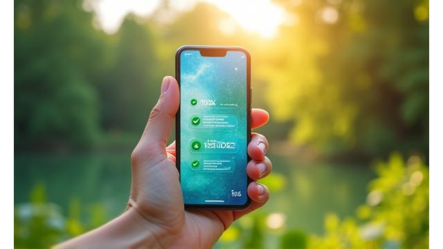 A hand holding a smartphone displaying environmental metrics over a lush, green landscape, symbolizing transparency and verified sustainability in travel.