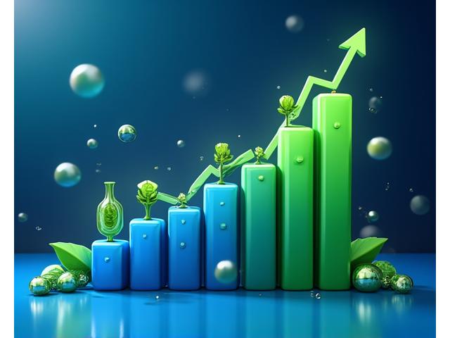 A vibrant upward-trending bar graph representing market growth for sustainable tourism, with small icons symbolizing travelers and eco-friendly destinations.