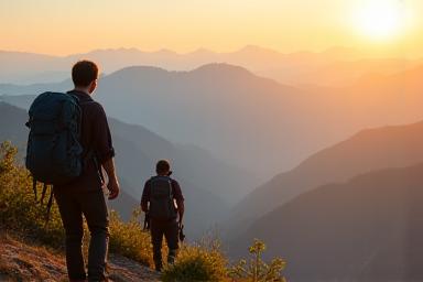 Hikers on a mountain trail at sunrise, pausing for a mindful breath, combining adventure and wellness.