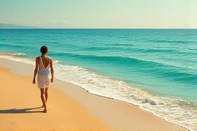 A person walking on a secluded beach, phone-free, symbolizing digital detox and connection with nature.