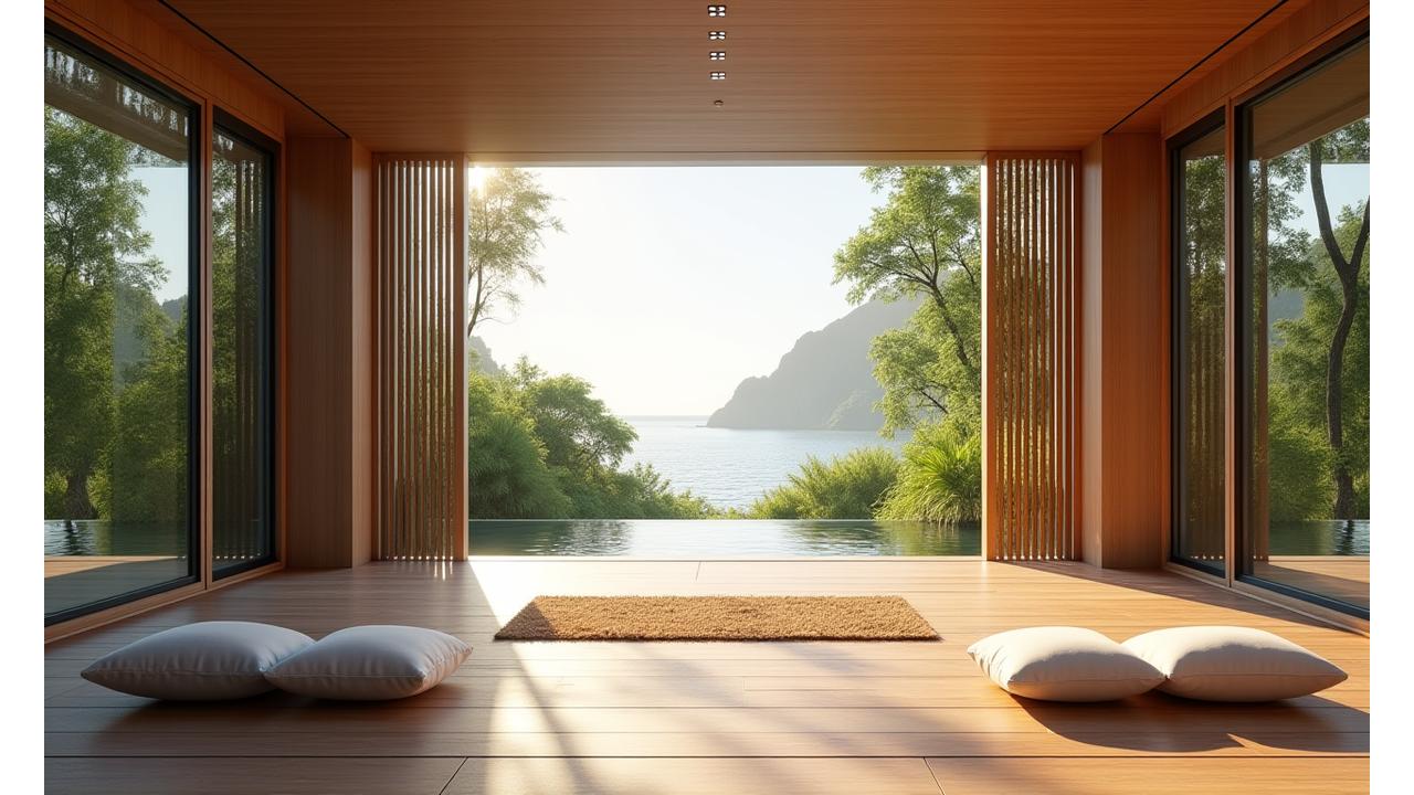 An elegantly designed, open-air meditation space overlooking a lush valley, featuring natural wood, minimalist aesthetic, and soft daylight.