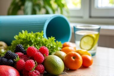 Fresh, vibrant fruits and vegetables artfully arranged beside a yoga mat, illustrating holistic health and nutrition.