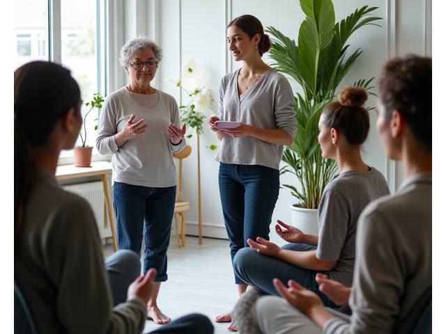 A diverse group of wellness practitioners in a workshop, engaged in learning, with one instructor guiding them through a mindful exercise, symbolizing professional development.
