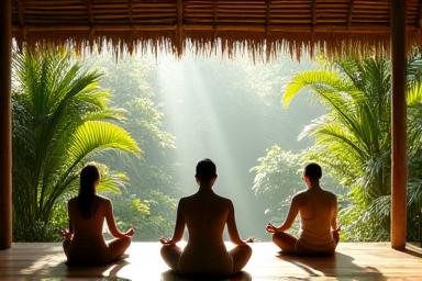 A serene group meditating in a sun-drenched, open-air pavilion, surrounded by lush greenery, evoking spiritual calm.