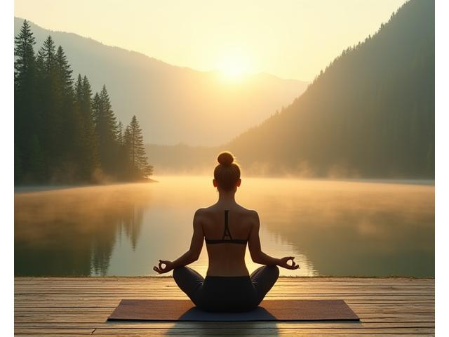 A serene person in a meditative pose on a yoga mat overlooking a tranquil mountain lake at sunrise, symbolizing peace and wellness.