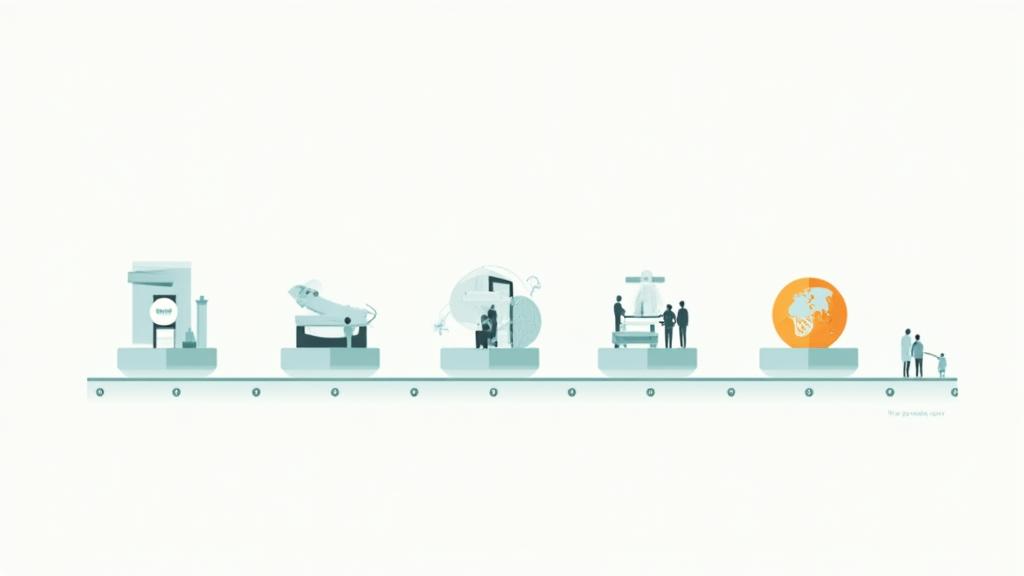 Illustration of a horizontal timeline representing the digital nomad journey, with distinct stages from pre-arrival research to post-departure advocacy, featuring icons for each phase like a laptop, airplane, and community.