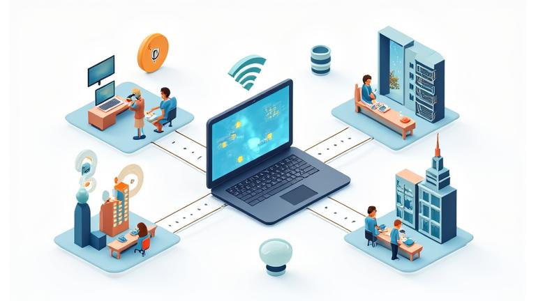 Illustration of a modern co-working space with high-speed internet symbols and diverse people collaborating. Elements of comfortable, extended-stay accommodation integrated.