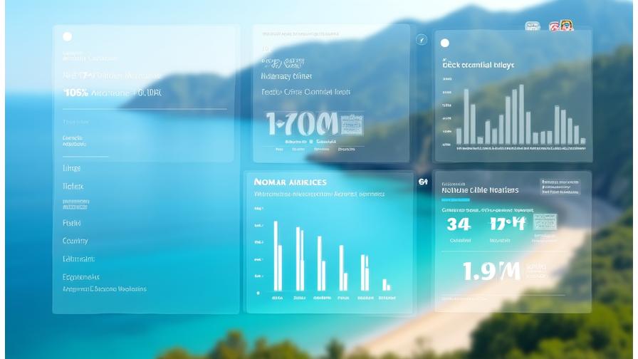 Dashboard visualization showcasing key growth metrics for a digital nomad village in Portugal, including increased average stay duration, economic impact figures, and visitor numbers, with a background image of Madeira's scenic views.
